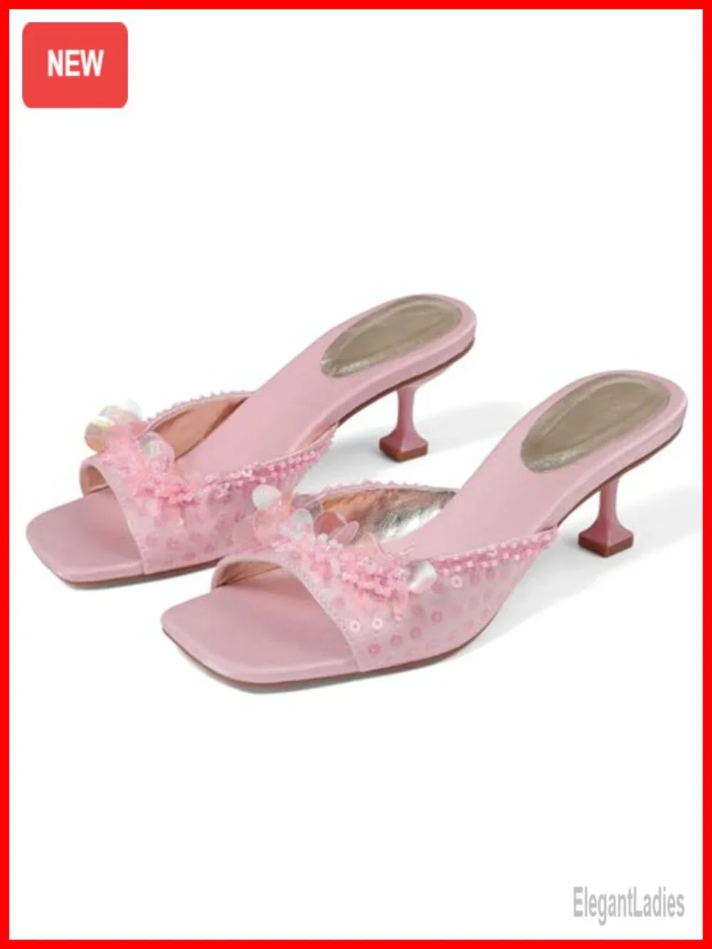 Sequin Stiletto Heeled Mule Sandals Low Heel Square Toe Slip On Prom Party